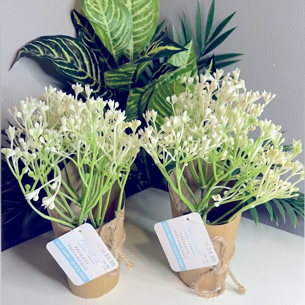 Faux Floral arrangements, Small white flower bouquets with rope bow, Set of 2